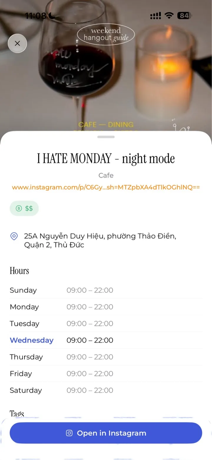 Saved place detail for a Saigon cafe, showing opening hours and address