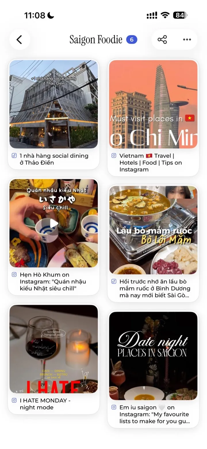 Saved library showing a Saigon Foodie collection of saved places and recipes