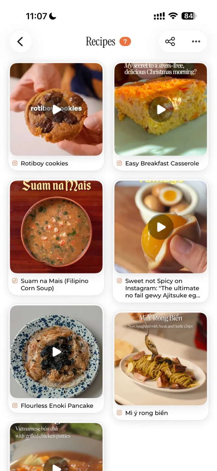 Saved Recipes collection showing food posts saved from Instagram and TikTok