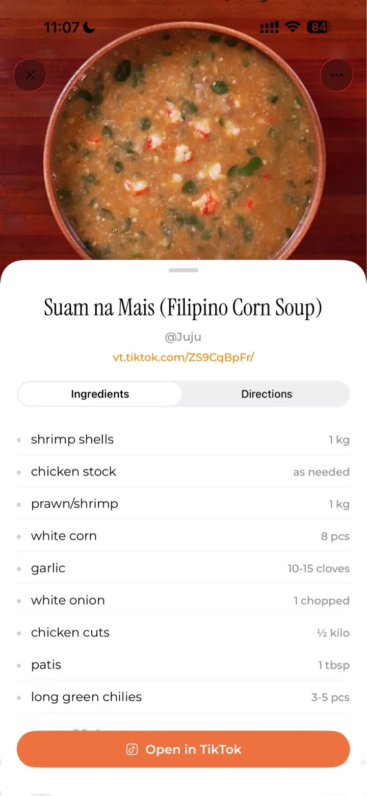 Saved recipe detail extracted from a TikTok video, showing ingredient list for Suam na Mais